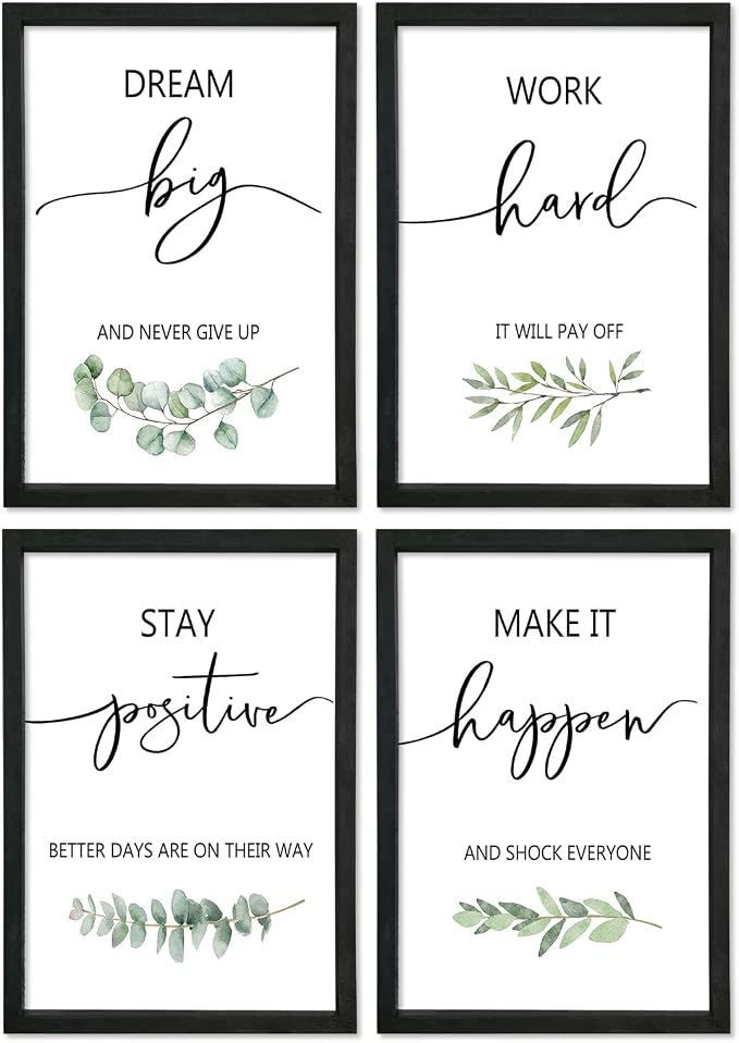 Inspirational Quote Wall Art 11x16–Motivational Office Decor,Wood Frame 4Pc | Positive Family Encouragement Black Wooden Framed Signs Set of 4
