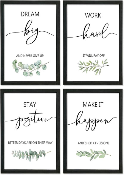 Inspirational Quote Wall Art 11x16–Motivational Office Decor,Wood Frame 4Pc | Positive Family Encouragement Black Wooden Framed Signs Set of 4