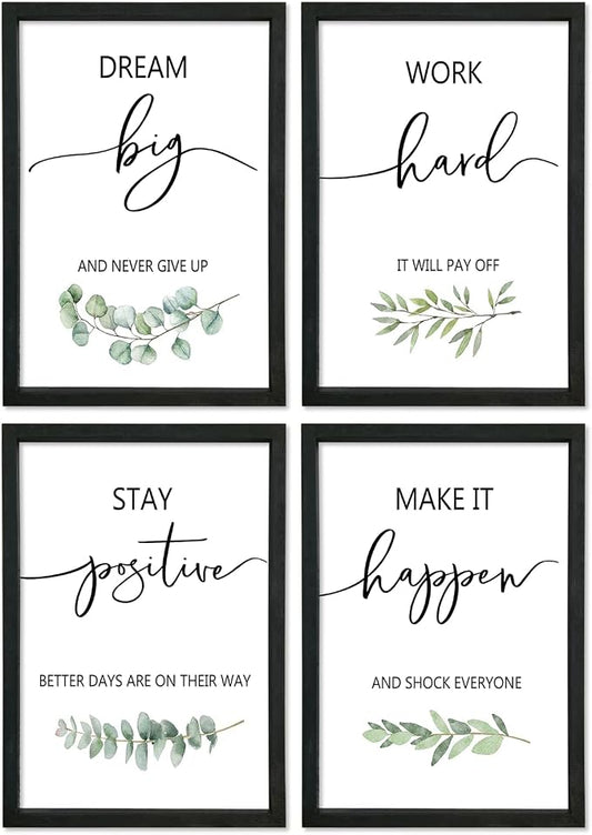 Inspirational Quote Wall Art 11x16–Motivational Office Decor,Wood Frame 4Pc | Positive Family Encouragement Black Wooden Framed Signs Set of 4