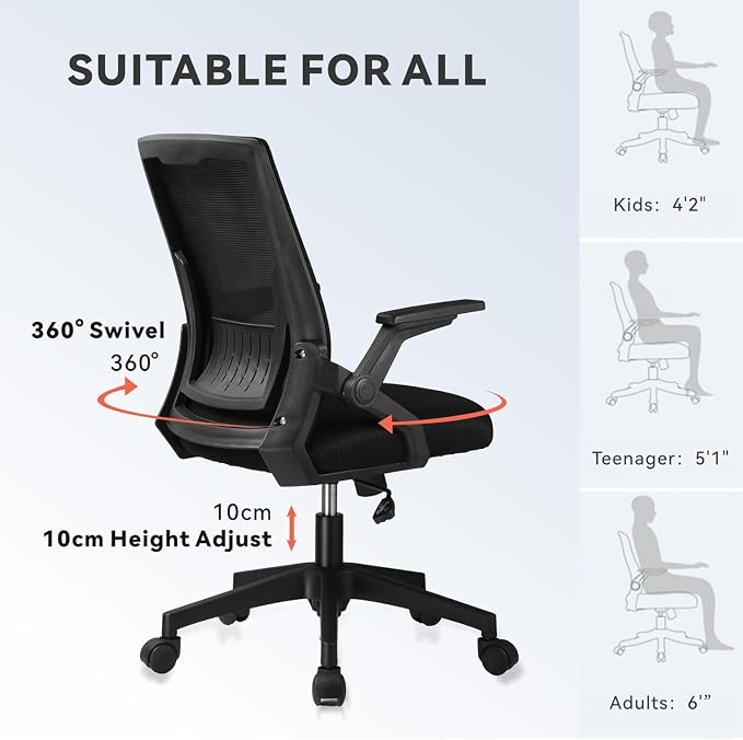 COMHOMA Office Chair with Flip-up Armrests Ergonomic Computer Desk Chair with Adaptive Lumbar Support & Breathable Mesh, Black, Pack of 2