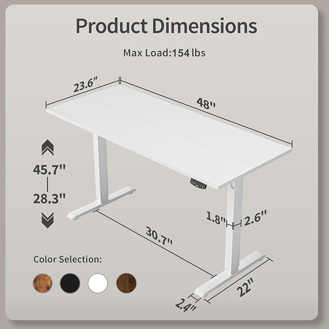 Agilestic Electric Standing Desk, 48 x 24 Inches Height Adjustable Desk, Sit Stand up for Work Office Home, Ergonomic Rising Computer Table with Memory Preset, White
