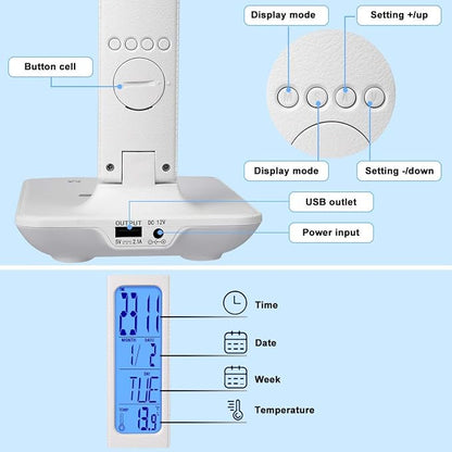 LED Desk Lamp with Wireless Charger, Suitable for Home, Office Dimmable, with USB Charging Port, Built-in Clock, Calendar, Thermometer and Automatic Timing Reading Desk Lamp.