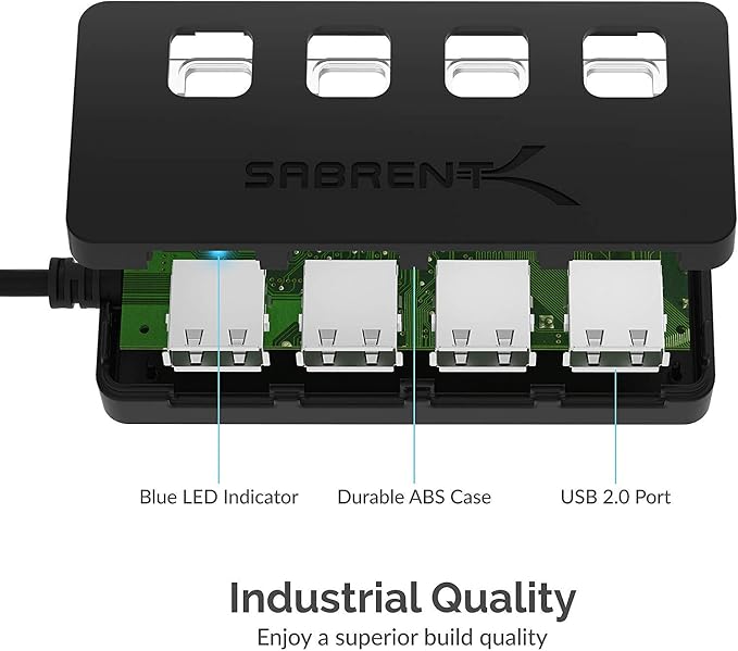 SABRENT 4 Port USB 2.0 Data Hub with Individual LED lit Power Switches [Charging NOT Supported] for Mac & PC (HB-UMLS)