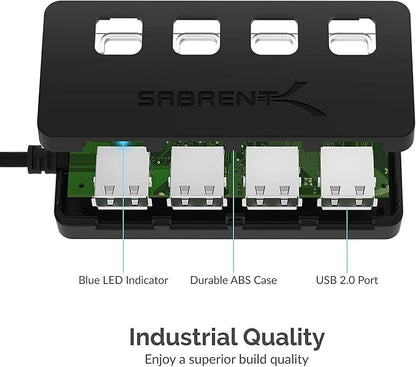 SABRENT 4 Port USB 2.0 Data Hub with Individual LED lit Power Switches [Charging NOT Supported] for Mac & PC (HB-UMLS)