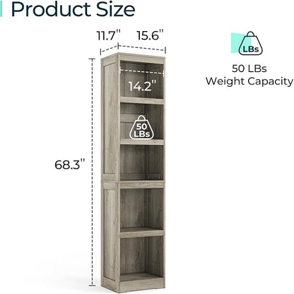 LINSY HOME 5-Shelf Bookcase, Narrow Bookshelves Floor Standing Storage Shelves 68 in Tall Bookcase Home Decor Furniture for Home Office, Living Room, Bed Room - Light Brown