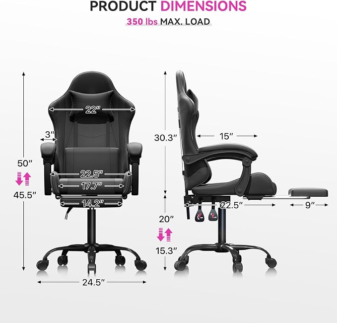Gaming Chair with Footrest, Ergonomic Computer Gaming Desk Chair with Lumbar Support & Headrest, Adjustable High Back PU Leather Office Chair, Swivel Racing Style Gamer Chair, Black