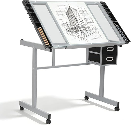 Magshion Professional Drafting Table for Adults Teens, Tilting Glass Tabletop Art Craft Desk Diamond Watercolor Paintings Sketching Work Station for Home Office Reading, Writing, Crafting (Clear)