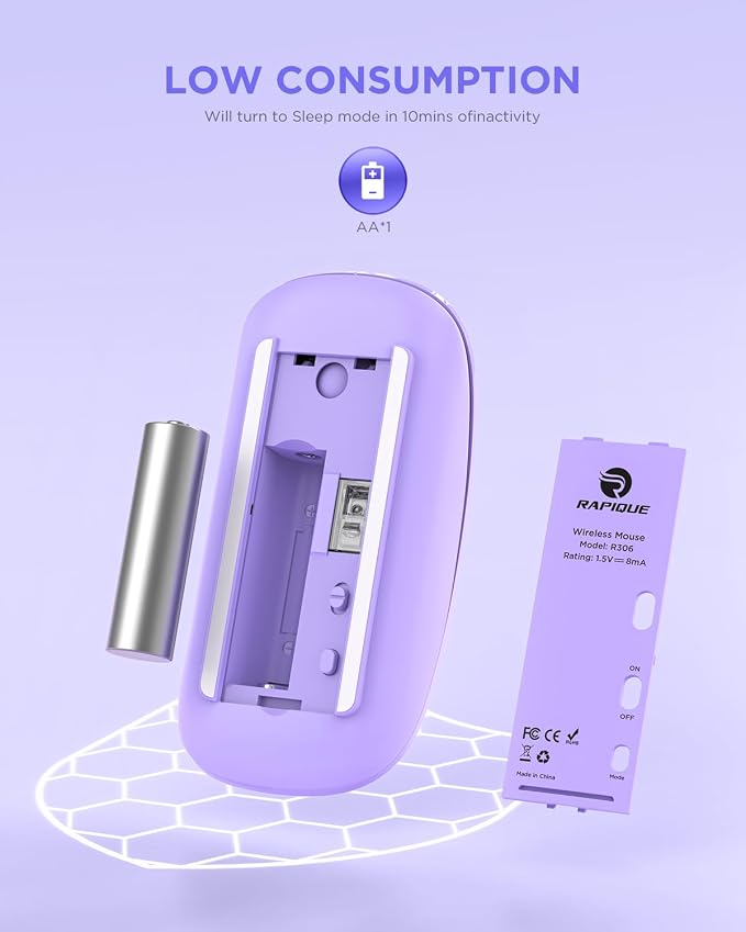 RAPIQUE Wireless Bluetooth Mouse, Purple, 1600 DPI, Long Battery Life, Dual Connectivity, Quiet Click, High-Precision Optical Tracking, Versatile Compatibility