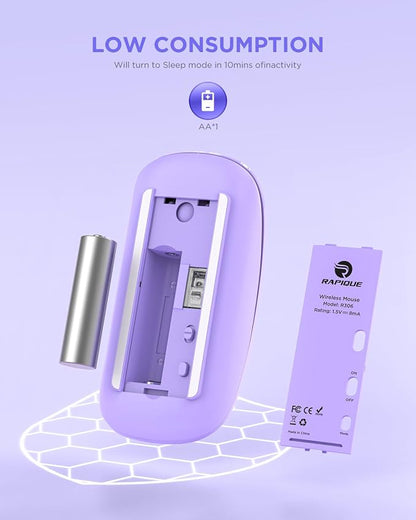 RAPIQUE Wireless Bluetooth Mouse, Purple, 1600 DPI, Long Battery Life, Dual Connectivity, Quiet Click, High-Precision Optical Tracking, Versatile Compatibility