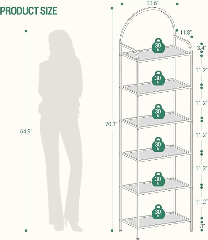 Hzuaneri Bookcase Bookshelf, Tempered Glass Bookshelves, Slim Shelving Unit for Bedroom, Bathroom, Home Office, Steel Frame, 6 Tier Gold BC21699G