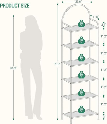 Hzuaneri Bookcase Bookshelf, Tempered Glass Bookshelves, Slim Shelving Unit for Bedroom, Bathroom, Home Office, Steel Frame, 6 Tier Gold BC21699G
