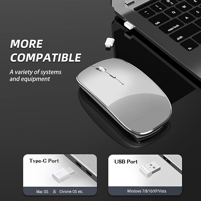 Halpilt Wireless Mouse Chargeable Portable Silent USB and Type-C Dual Mode Wireless Mouse 3 Adjustable DPI for Laptop, Mac, Android, PC (Q23S Grey)