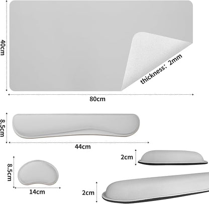 Bloss Leather Desk Pad and Keyboard Wrist Rest, Large Mouse Pad + Keyboard Pad+Mouse Wrist Support, Non-Slip Desk Mat Protector for Office, Home(31.5×15.7 Inches, Light Grey)