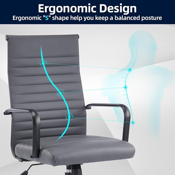 Office Chair, Ergonomic Executive Conference Room Chairs, Ribbed Leather Desk Chair with Lumbar Support, Adjustable Height Mid-Back Swivel Chair with Padded Seat