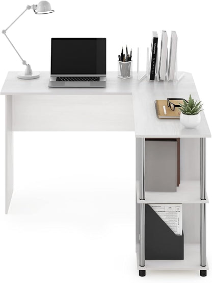 Furinno Abbott L-Shape Computer Desk with Stainless Steel Tubes Bookshelf, White Oak/Chrome