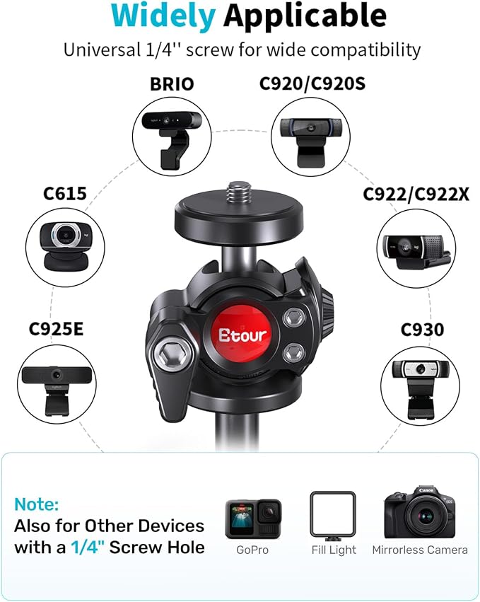 Webcam Stand for Desk, with 360 Ballhead, Heavy Base Height Adjustable Tripod for Logitech Webcam C922 C930e C920 C615 C960 C920x BRIO 4K NexiGo N60, Phone Mount, Gopro with 1/4" Thread