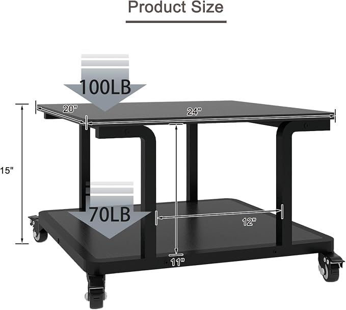 Natwind 2 Tier Laser Printer Stand,24''x20''x15'' Large Printer Table Copier Stand Under Desk,Heavy Duty Rolling Cart with Paper Storage Shelf,Printer Holder on Wheels for Home Office (Black)