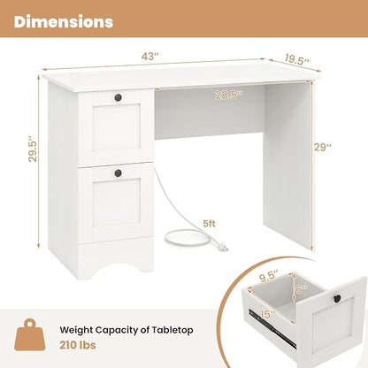 Giantex Computer Desk with 2 Drawers, 43” Wooden Home Office Desk with Charging Station, Compact Study Writing Desk, Modern Laptop PC Desk Computer Workstation for Bedroom, Living Room (White)