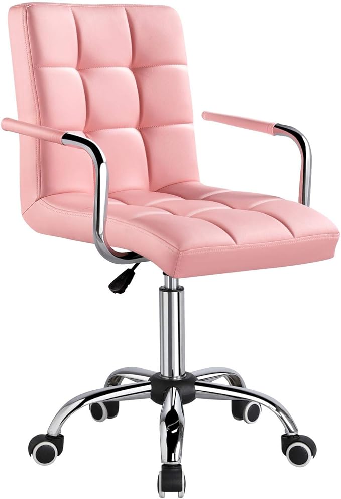 Topeakmart Office Chair Height Adjustable Mid Back PU Leather 360° Swivel Large Seat Stylish Office Chair Pink