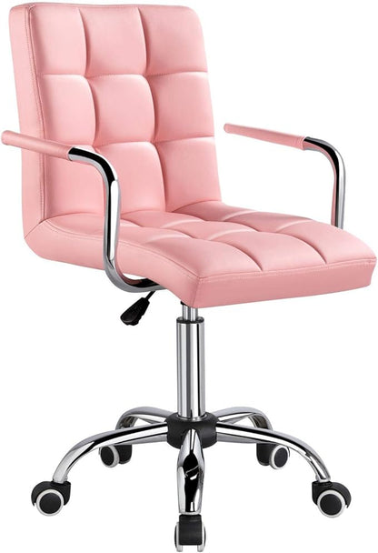 Topeakmart Office Chair Height Adjustable Mid Back PU Leather 360° Swivel Large Seat Stylish Office Chair Pink