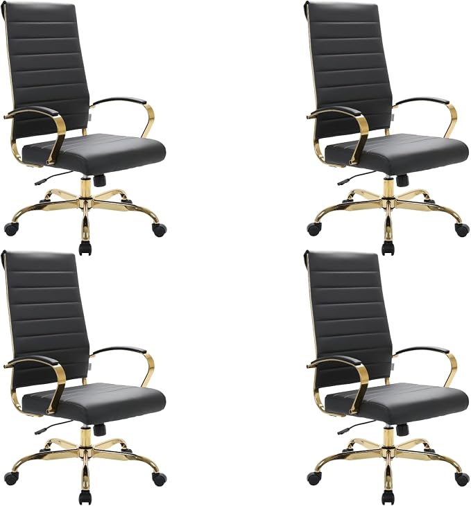 LeisureMod Modern High-Back Leather Office Chair - Swivel & Adjustable Executive Desk Chair with Gold Frame, Ergonomic Design for Home & Office (Black, Set of 4)