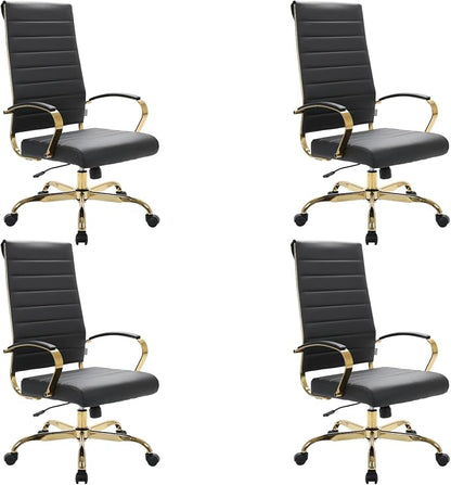 LeisureMod Modern High-Back Leather Office Chair - Swivel & Adjustable Executive Desk Chair with Gold Frame, Ergonomic Design for Home & Office (Black, Set of 4)