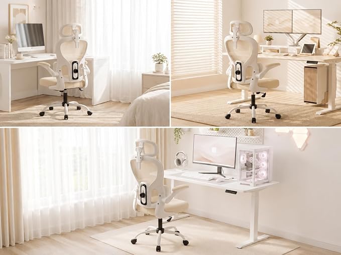 Ergonomic Office Chair with Adjustable Headrest & Lumbar Support, High Back Mesh Desk Chair, 330 LBS Capacity Swivel Computer Chair with Flip-Up Arms, Home Office Gaming Chair (Beige)