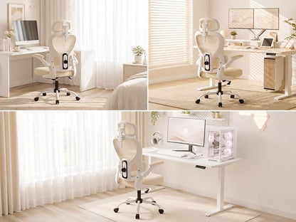 Ergonomic Office Chair with Adjustable Headrest & Lumbar Support, High Back Mesh Desk Chair, 330 LBS Capacity Swivel Computer Chair with Flip-Up Arms, Home Office Gaming Chair (Beige)