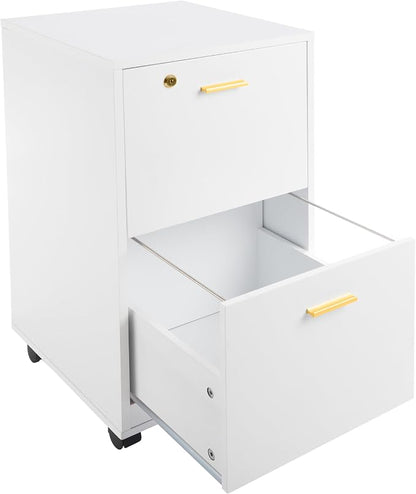 Lavish Home 2 Drawer File Cabinet - Filing Cabinet with Lock - Rolling File Cabinet for Under Desk Storage - Wood Filing Cabinet for Home or Office Organization (White)