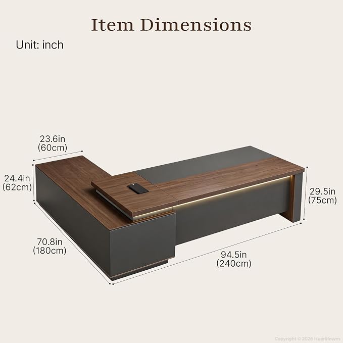 95" Reversible L-Shaped Executive Desk with Locking Drawers, Large Office Desk for CEO and Manager Office, Power Outlet, USB Ports, Storage Shelves, Privacy Panel and LED Light, Walnut Gray