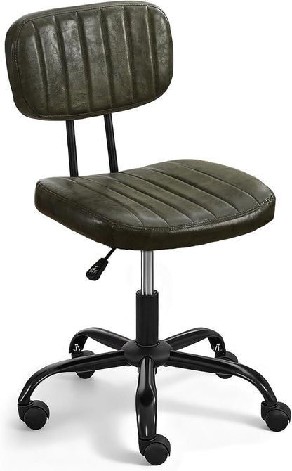 DRMBOOK Small Home Office Desk Chair with Wheels, Armless Comfy Vanity Chair Swivel Computer Task Chair No Arms, Modern Height Adjustable Low Back Rolling Chair for Small Space (PU Leather Green)