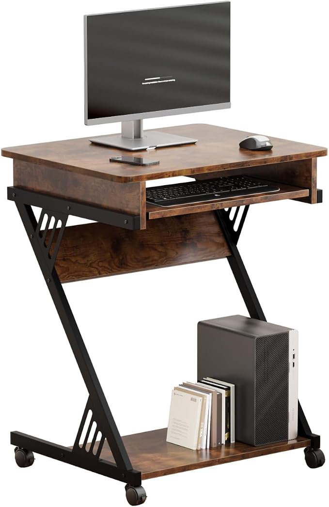 Zenira 24-Inch Small Computer Desk, 30-Inch Tall with Drawers, Corner Desk with Wheels for Gaming, Bedroom, Home, Office - Brown