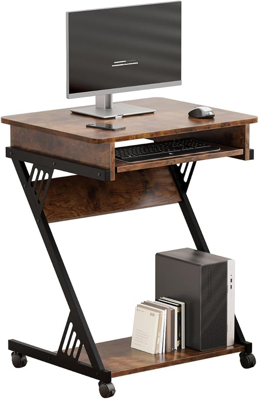 Zenira 24-Inch Small Computer Desk, 30-Inch Tall with Drawers, Corner Desk with Wheels for Gaming, Bedroom, Home, Office - Brown