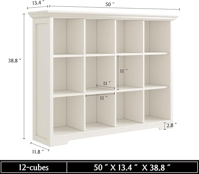 OSCHF Wooden Cube Bookcase with Base - Modern 3 Tiers Floor Standing Open Shelf Cabinet for Home and Office, 12-Cube Lattice Bookshelf, Warm White