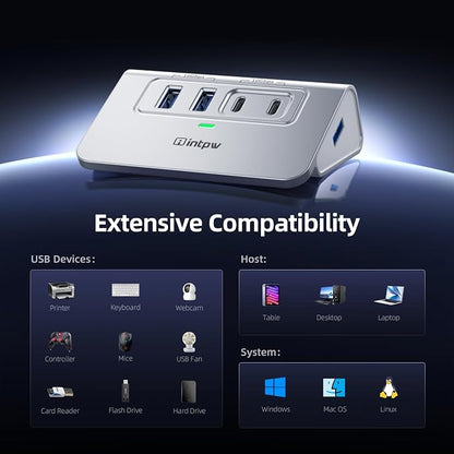 Intpw USB 3.2 Hub,Aluminum 4 Port USB Splitter 10Gbps with 2 USB C/USB A 3.2 Data Ports, 3.3ft Cable, USB HUB for PC/Laptop/Xbox/FlashDrive/Printer/Camera/Keyborad/Mouse