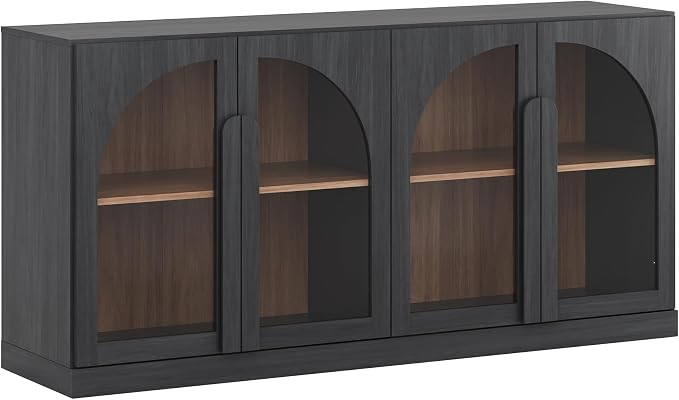 BELLEZE 64" Kitchen Storage Cabinet with Adjustable Shelves, Freestanding Accent Cabinet with Arched Glass Doors for Living Room, Dining Room, Entryway, Ebony