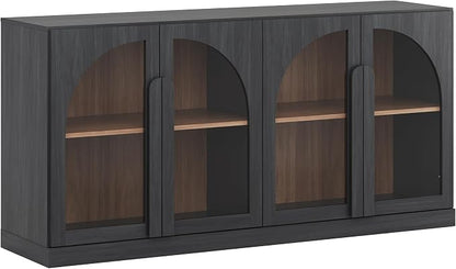 BELLEZE 64" Kitchen Storage Cabinet with Adjustable Shelves, Freestanding Accent Cabinet with Arched Glass Doors for Living Room, Dining Room, Entryway, Ebony