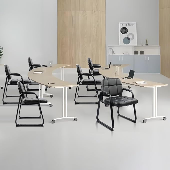 CLATINA Waiting Room Chairs no Wheels with Padded Arms Leather Guest Chair for Office Reception and Conference Desk with Sled Base Black, 6PK
