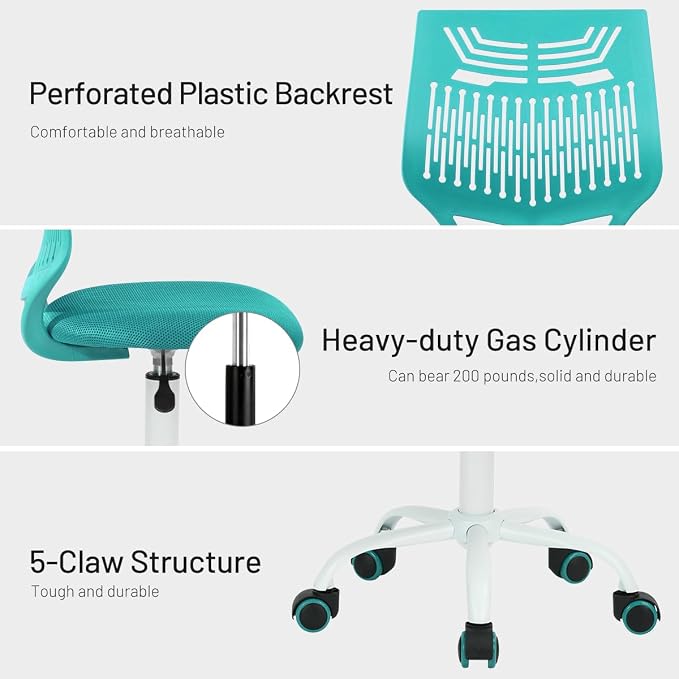 FurnitureR Desk Chair Armless, Adjustable Small Home Office Task Chair with Mesh Padded Cushion, Swivel Study Computer Chair with Rolling Wheels for Children Kids Teens Students, Aqua Green