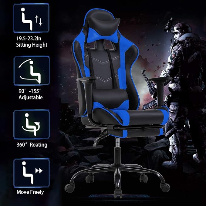 BestOffice | Ergonomic Gaming Chair | Blue | Reclining Computer Chair with Lumbar Support, Headrest Pillow, Adjustable Footrests | 360 Swivel with Heavy Duty Wheels | for Home & Office