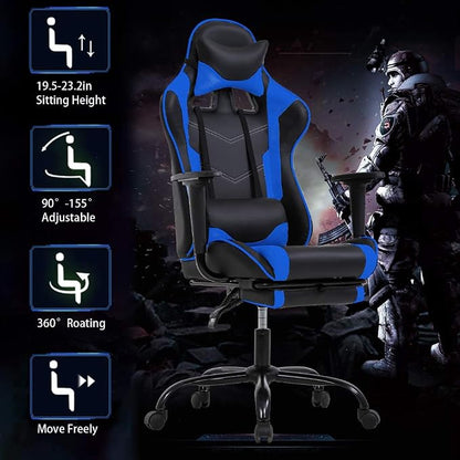 BestOffice | Ergonomic Gaming Chair | Blue | Reclining Computer Chair with Lumbar Support, Headrest Pillow, Adjustable Footrests | 360 Swivel with Heavy Duty Wheels | for Home & Office