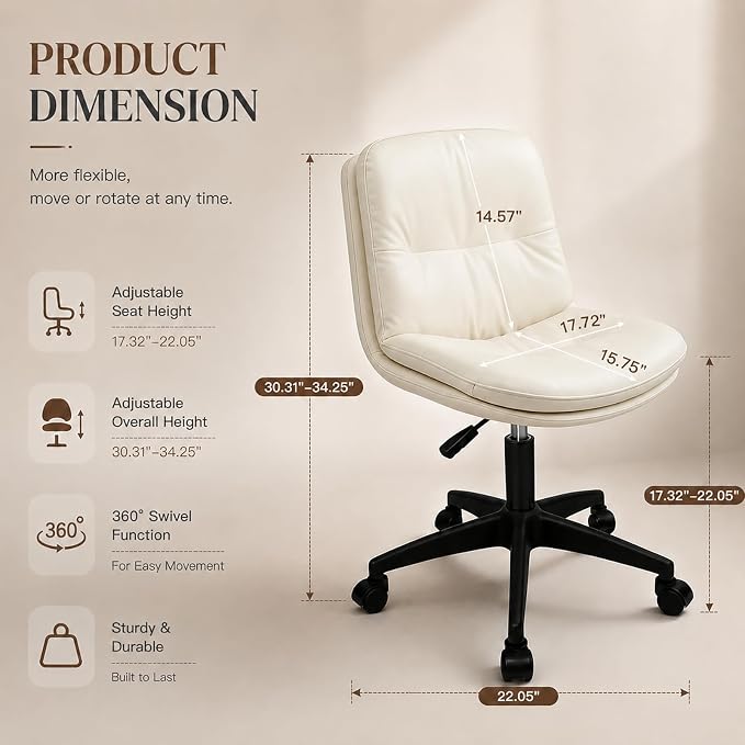 Vanity Chair with Back, PU Leather Swivel Office Desk Chair, Height Adjustable Armless Chair for Small Spaces, Bedroom, Vanity, Home Office Beige