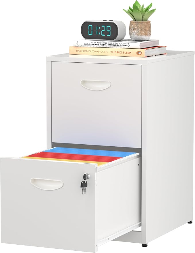 2 Drawer File Cabinet with Lock,White Small Filing Cabinet for Home Office, Metal Vertical File Under Desk Cabinets for A4/Letter,Assembly Required