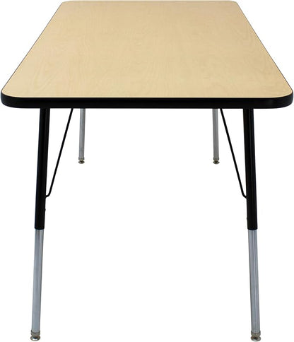 FDP Rectangle Activity School and Office Table (30 x 60 inch), Standard Legs with Swivel Glides, Adjustable Height 19-30 inches; Quick Ship Single Box - Maple Top and Black Edge