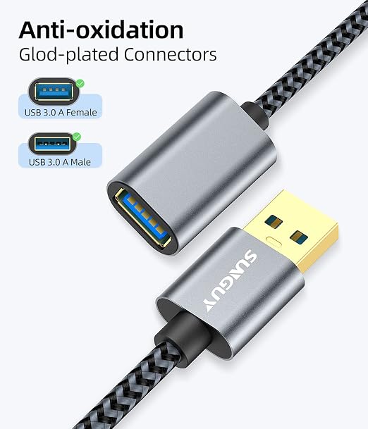 SUNGUY 5Gbps USB 3.0 Extension Cable, [2P 1FT] USB A Male to Female Extender Cord, Braided High Data Transfer Compatible with Xbox, Hard Drive, Webcam, USB Keyboard, Mouse, Flash Drive, Oculus VR