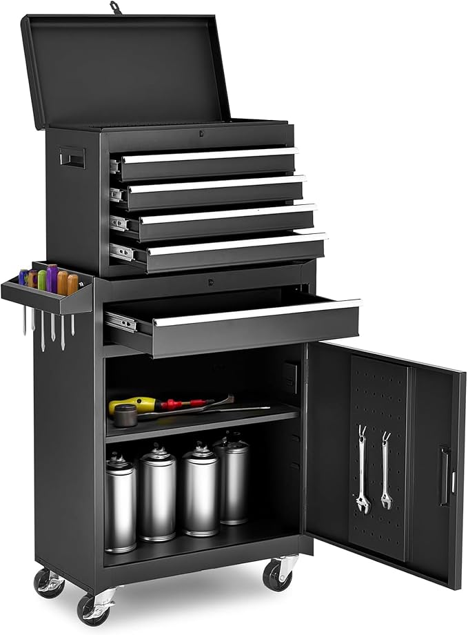 RYH 5 Drawers Rolling Tool Chest & Tool Box on Wheels | Heavy Duty Metal Cart with Ball Bearing Drawers | Fits US General Tool Box for Garage Storage (Black, 5 Drawers（42.1" H × 20.7" W × 11" D)