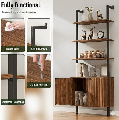 INNOD 74" Tall Bookshelf with Storage Cabinet, Modern Ladder Shelf with Wood and Metal Frame, Wall Mount Bookcase Open Display Shelf Furniture for Living Room, Bedroom, Home Office, Walnut