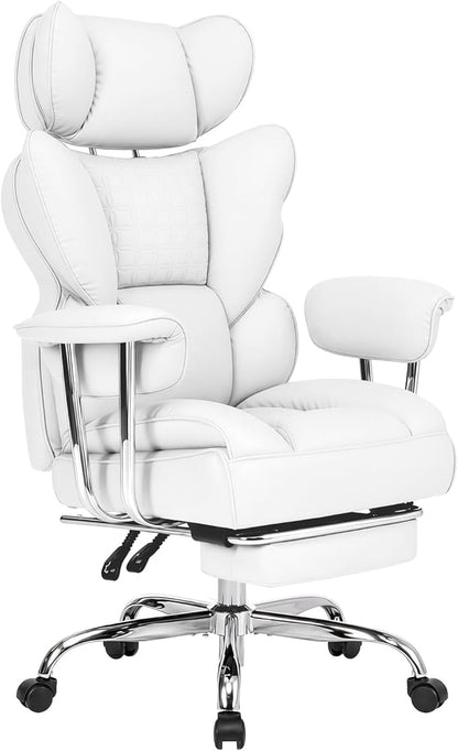 DUMOS Big and Tall Office Chair 400 LBS, Scratch-Resistant PU Leather Executive Office Desk Chair with Footrest, Ergonomic Reclining Computer Chairs with Pocket Spring Support, White