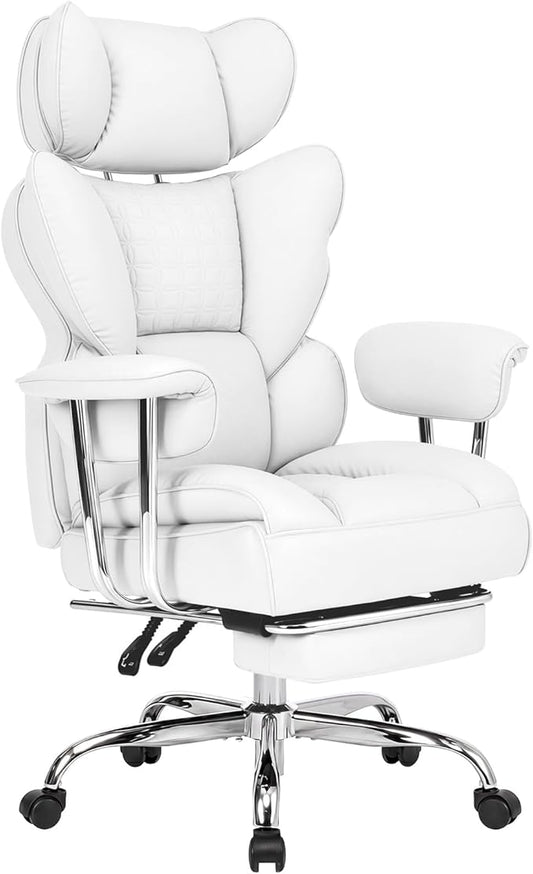DUMOS Big and Tall Office Chair 400 LBS, Scratch-Resistant PU Leather Executive Office Desk Chair with Footrest, Ergonomic Reclining Computer Chairs with Pocket Spring Support, White