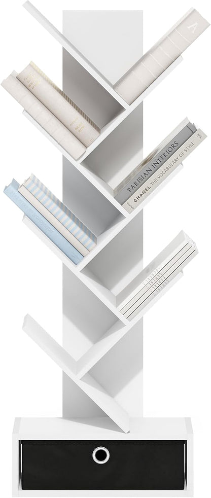 Furinno Tree Book Shelf, 7-Tier Bookshelf, Tree Bookcase with Bin Drawer, 8.4 x 16.9 x 46.2, for Living Room, Bedroom, Home Office, White/Black